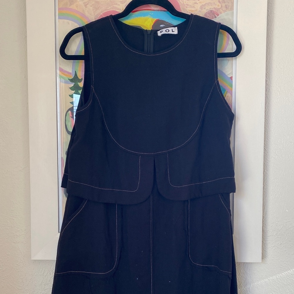 POL Black Textured Fabric Dress with Zipper, Frayed Edges, Contrast Stitching